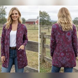 Novica Floral 100% Baby Alpaca Cardigan Dream Garden Maroon Longline Small
